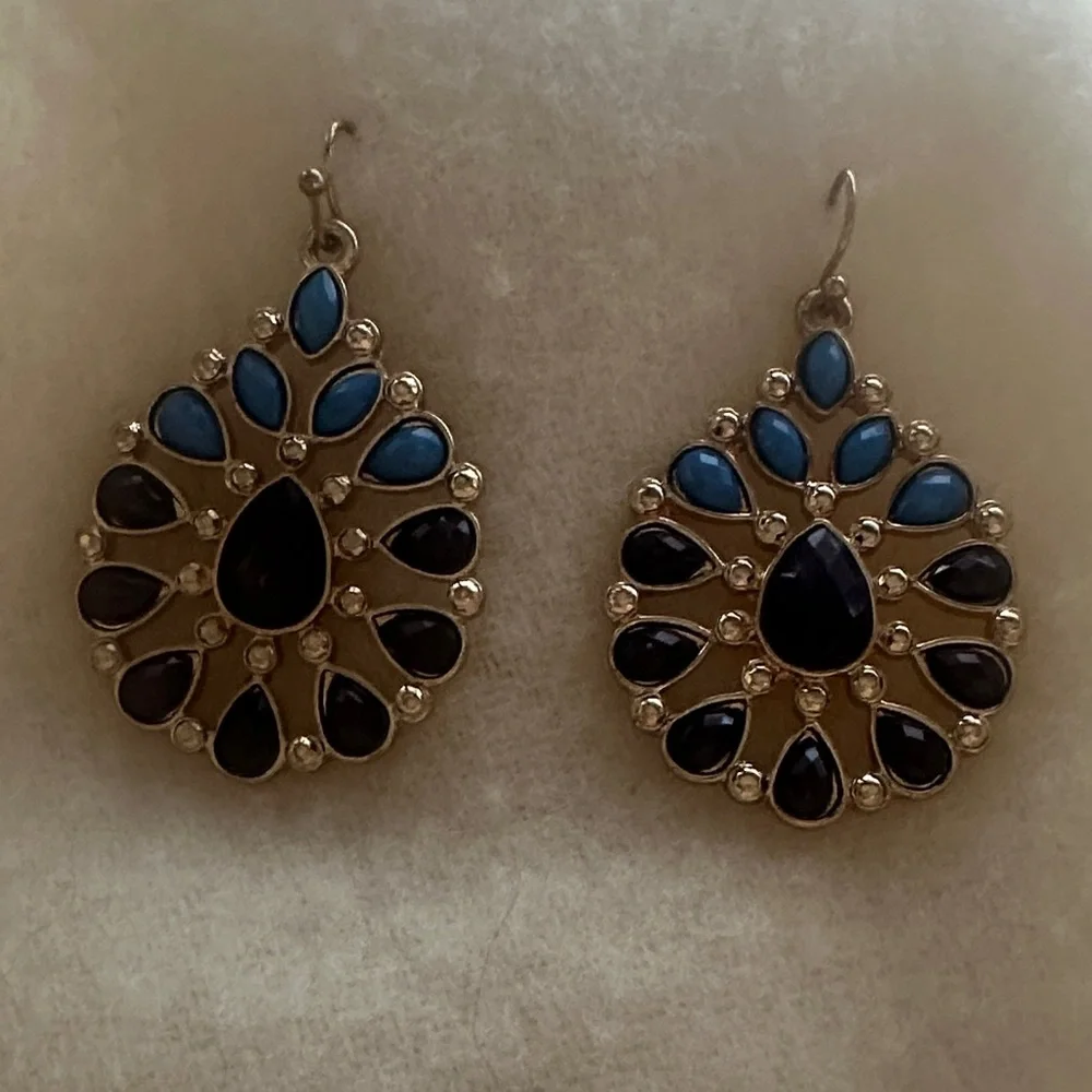 Blue and Black Faceted Teardrop Earrings